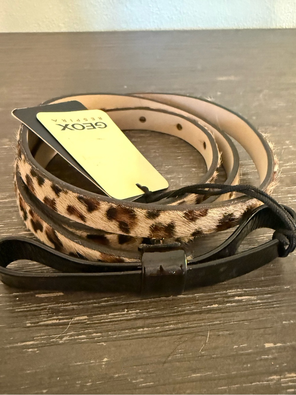 NWT GEOX Lady Horse Leopard Fur 100% Cow Leather Skinny Belt Women Made in Italy
